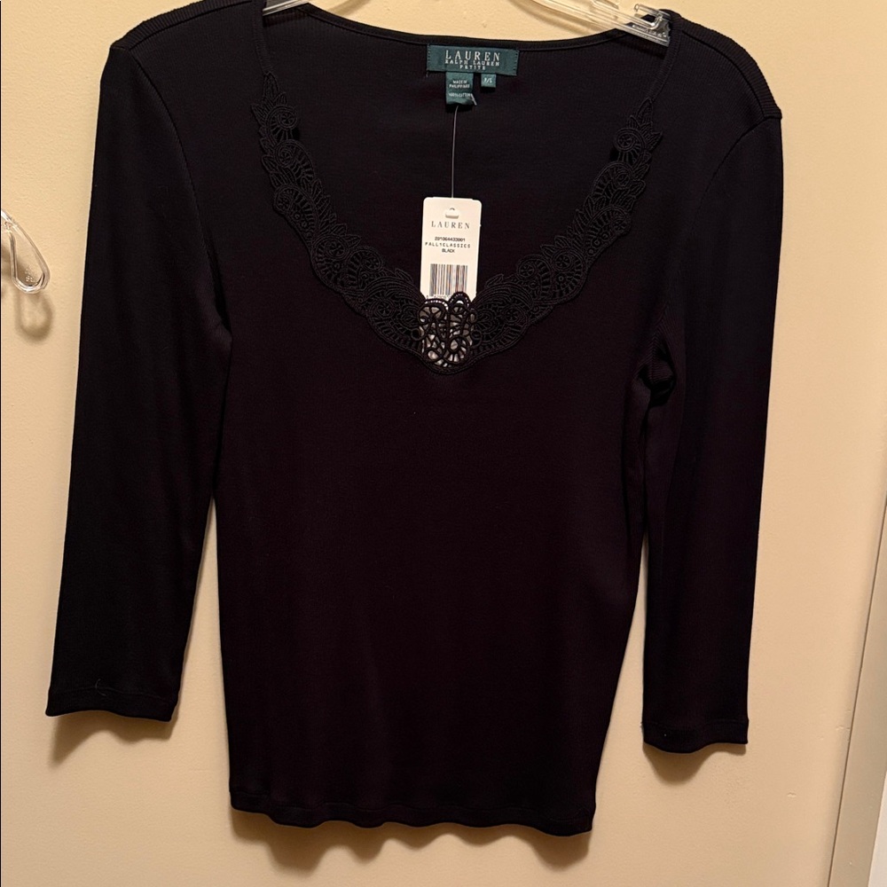 Ralph Lauren Black Long Sleeve Top with Lace Detail